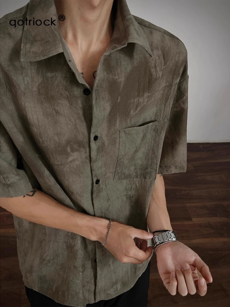 扎染水墨画短袖衬衫上衣男款夏季新品美式复古潮流宽松半袖衬衣潮