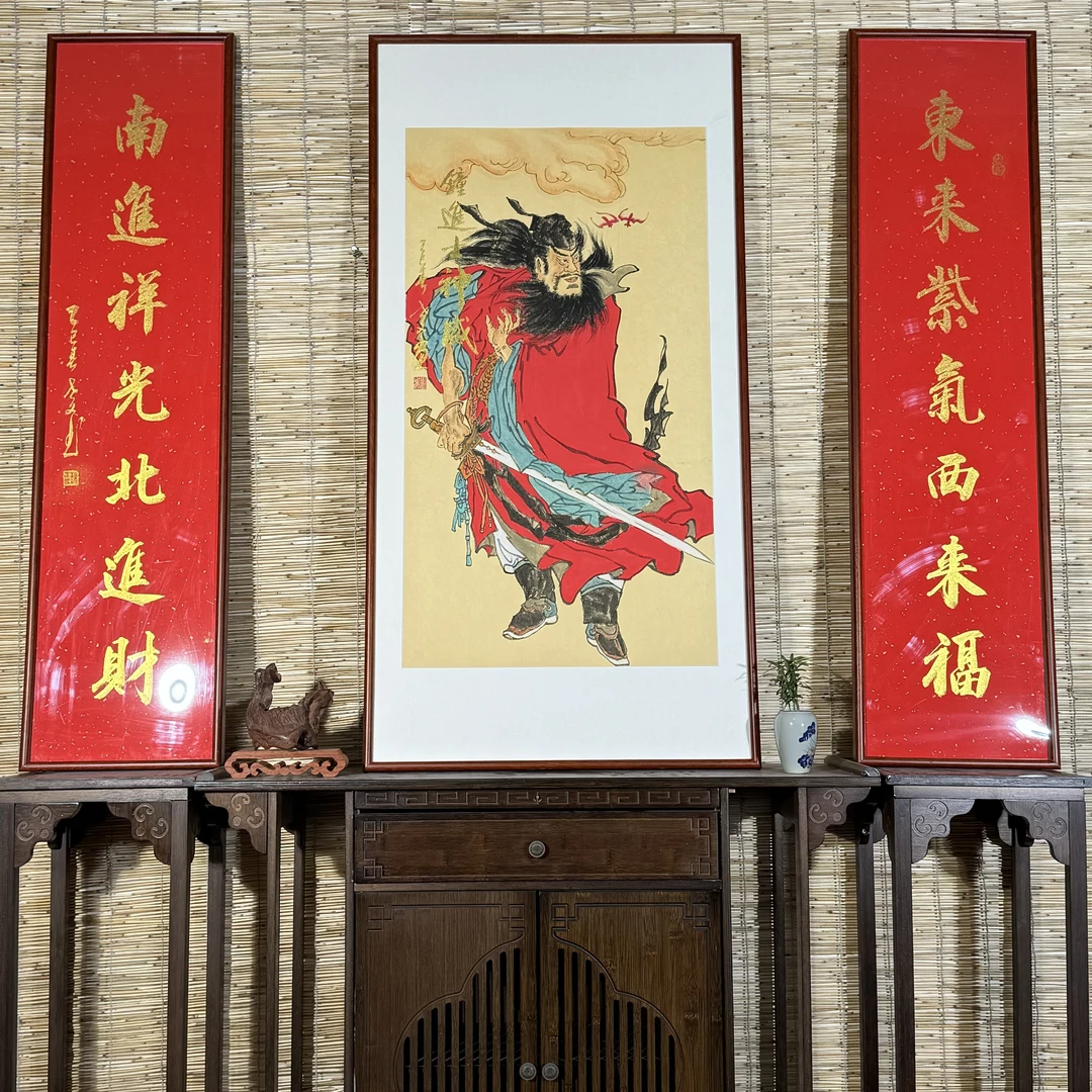 大海钟馗驱邪纳福手绘画带框装裱122*62茶室玄关办公室客厅装饰画