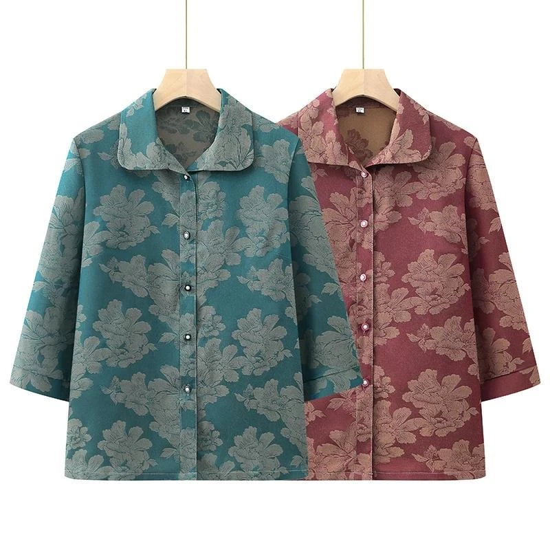 洋气奶奶夏装衬衫中老年人女装妈妈翻领衬衣套装老太太大花大码装