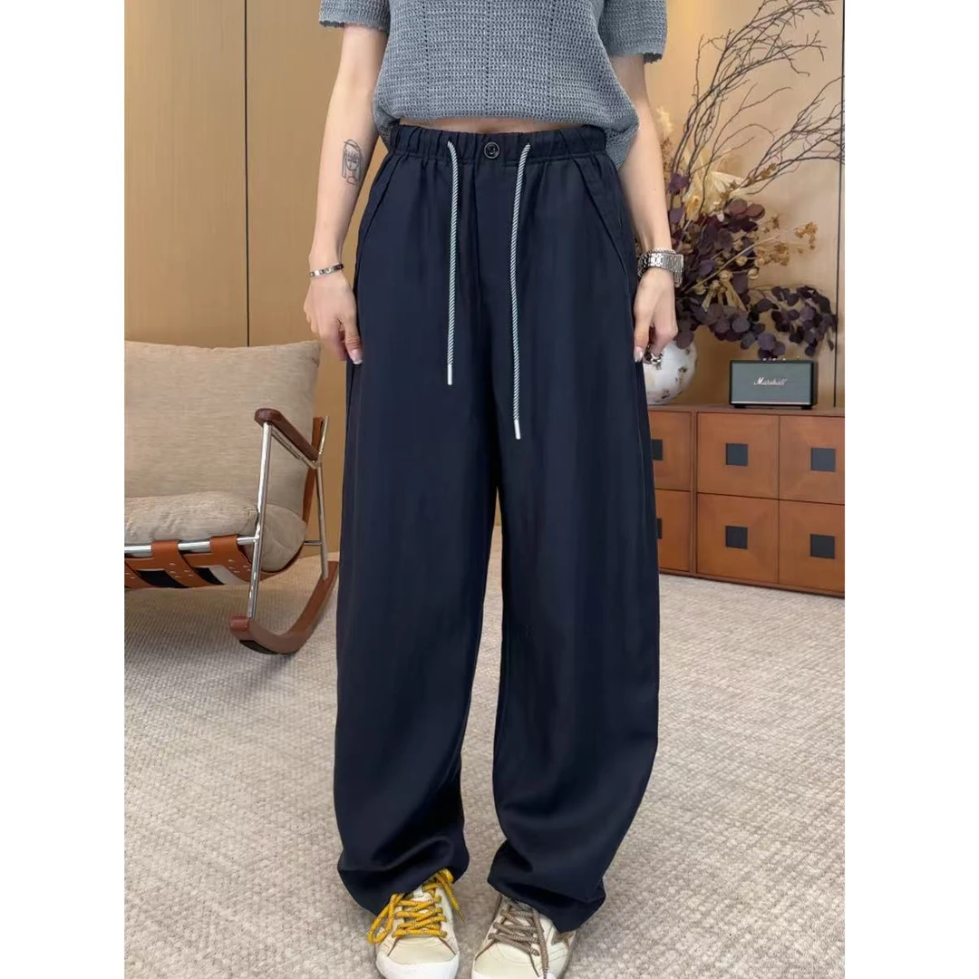 小静静一会【藏青抽绳休闲裤】2025夏款窄版百搭长裤 2506C3678