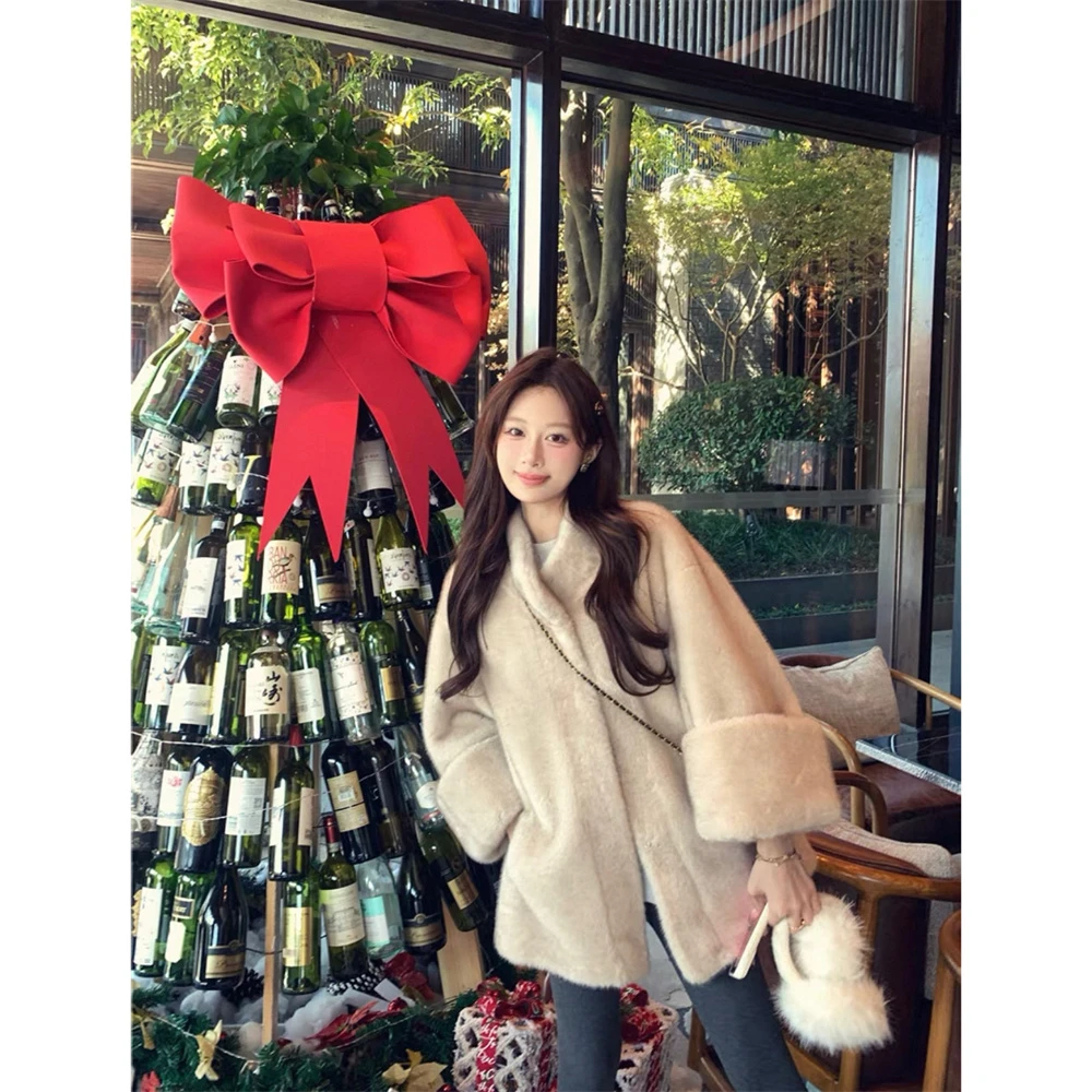 【冬日浪漫】简约百搭双色中古大挽袖中长款立领毛毛外套女