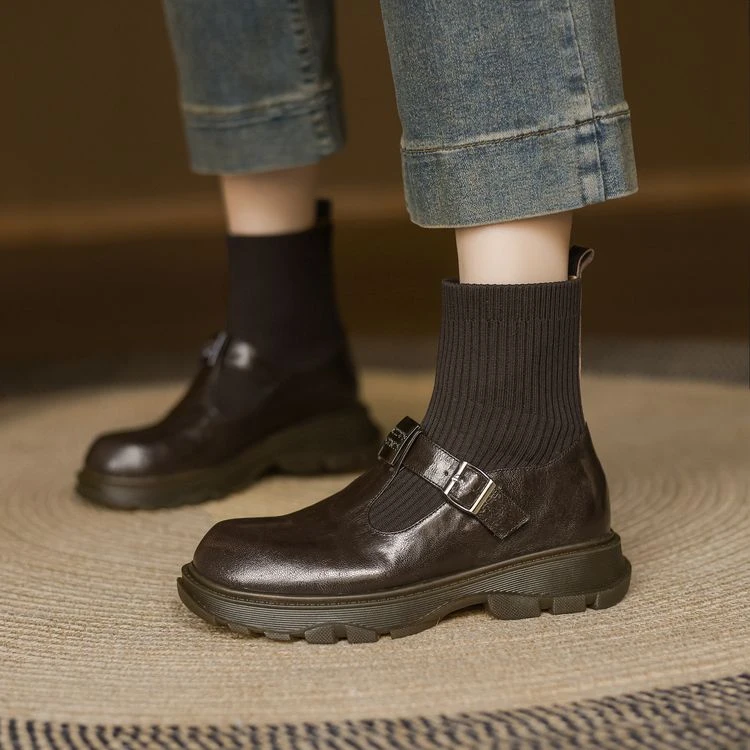 A1031/羊皮/3.5cm冬季复古风松糕底拼接纯色时装靴女鞋短靴