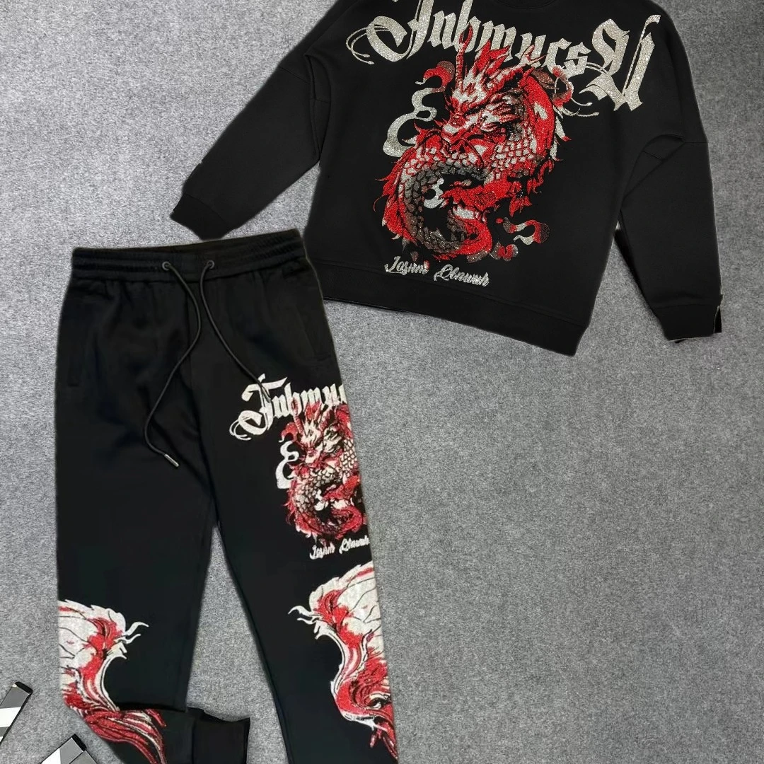 12125-126 重工潮牌烫钻立体时尚轻奢龙头圆领套头重工男士T恤