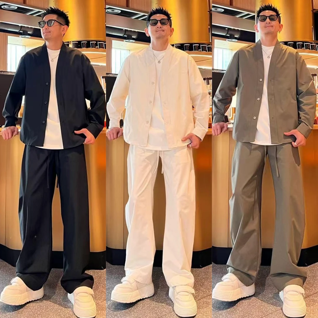 春夏新款简约纯色百搭高级感V领系扣时尚潮流休闲套装情侣装韩版