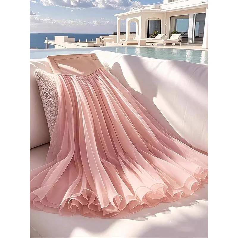 今年流行温柔风超好看长裙多巴胺粉色拼接网纱显瘦半身裙女2025春