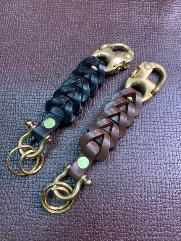 纯铜海军扣纯牛皮手工编织钥匙扣