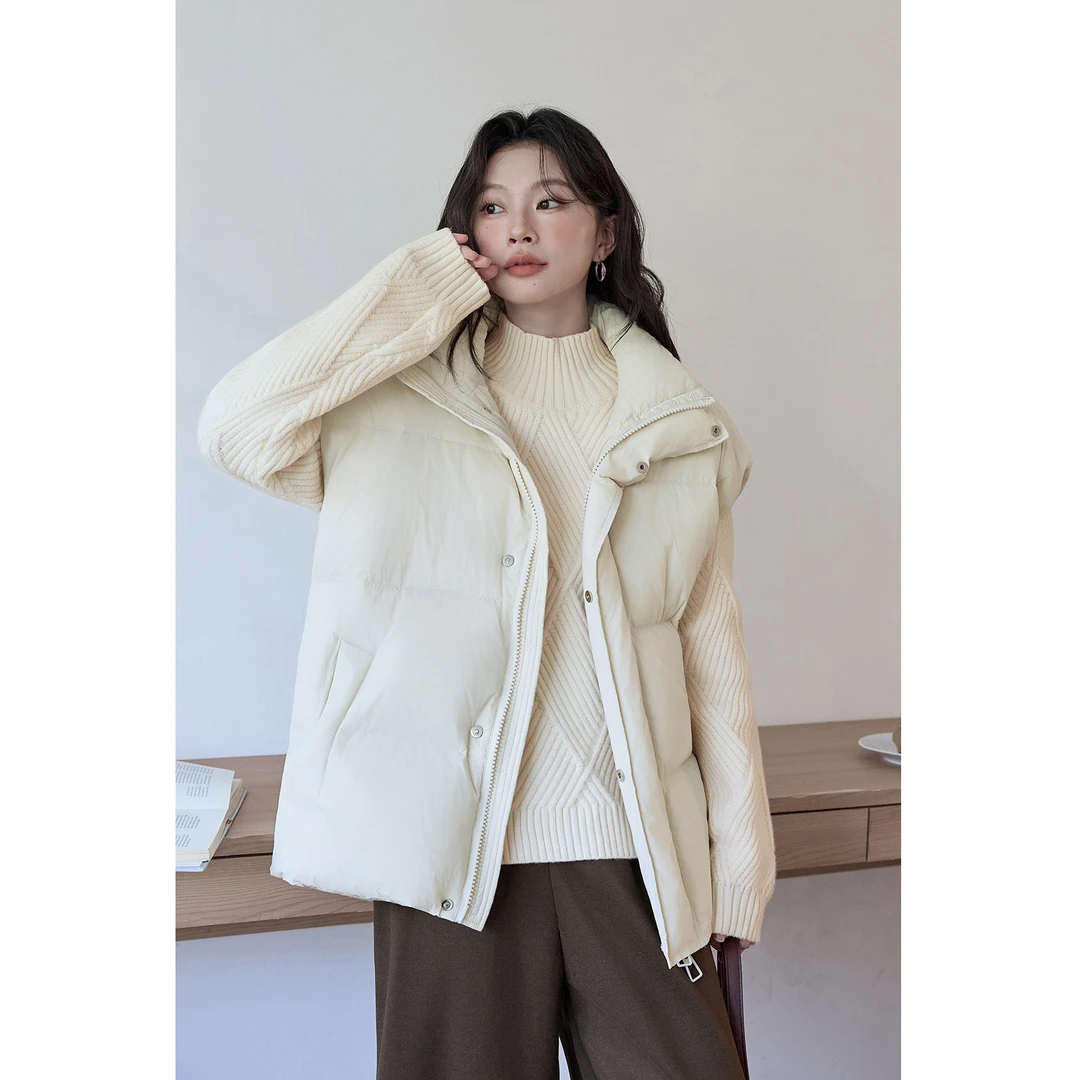 慵懒风杏色立领宽松冬季气质双拉链羽绒马甲 YM28993