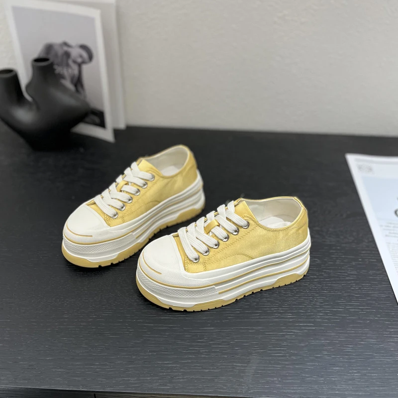 2025春夏新款小个子6cm轻便厚底丝绸休闲时尚百搭潮流系带松糕鞋