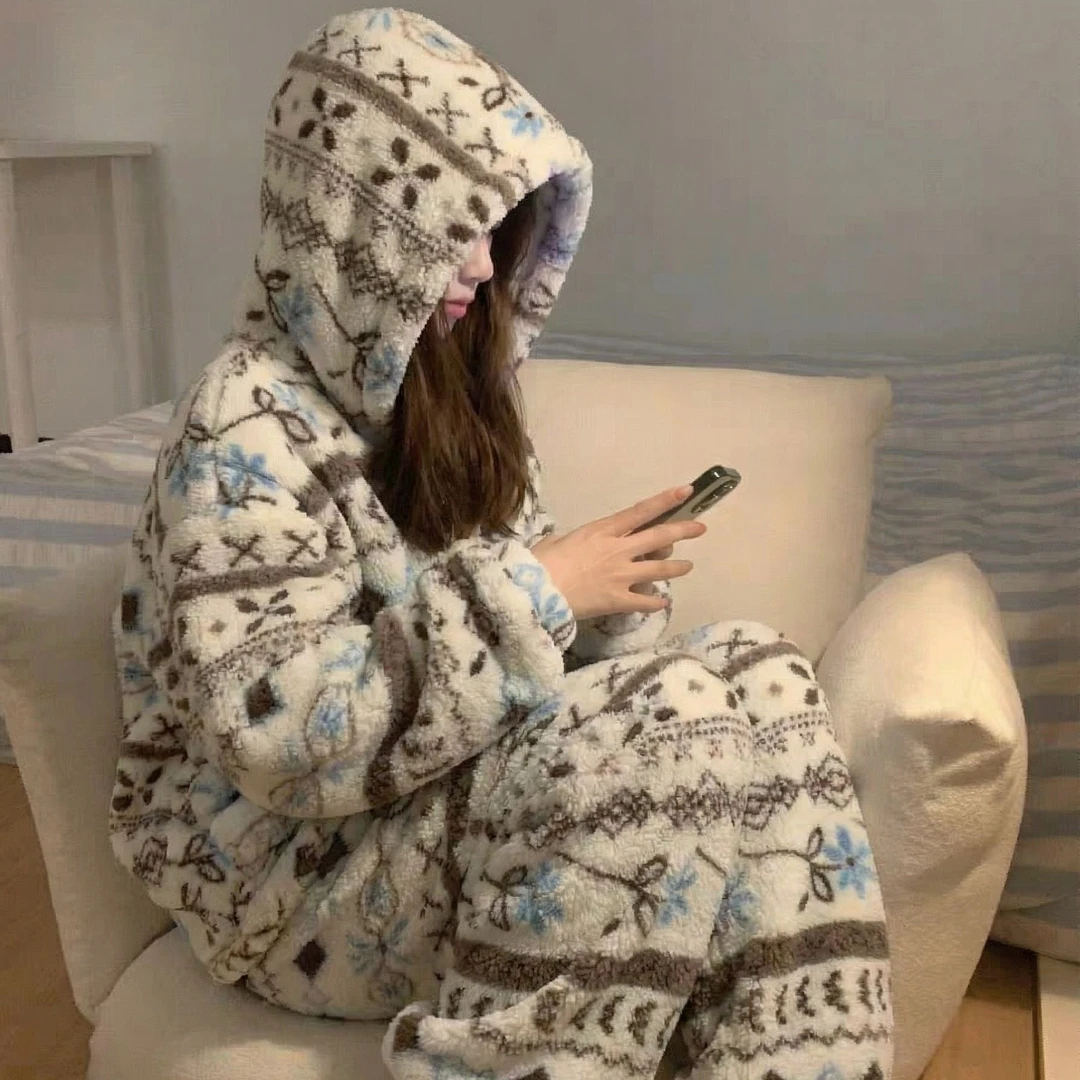 冬天加绒加厚费尔岛风韩版连帽睡衣套装女可外穿式家居服保暖套装