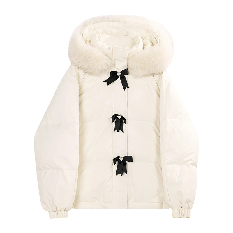 【品牌撤柜款】米白色连帽真毛领羽绒服女款90白鸭绒大衣LXN32627