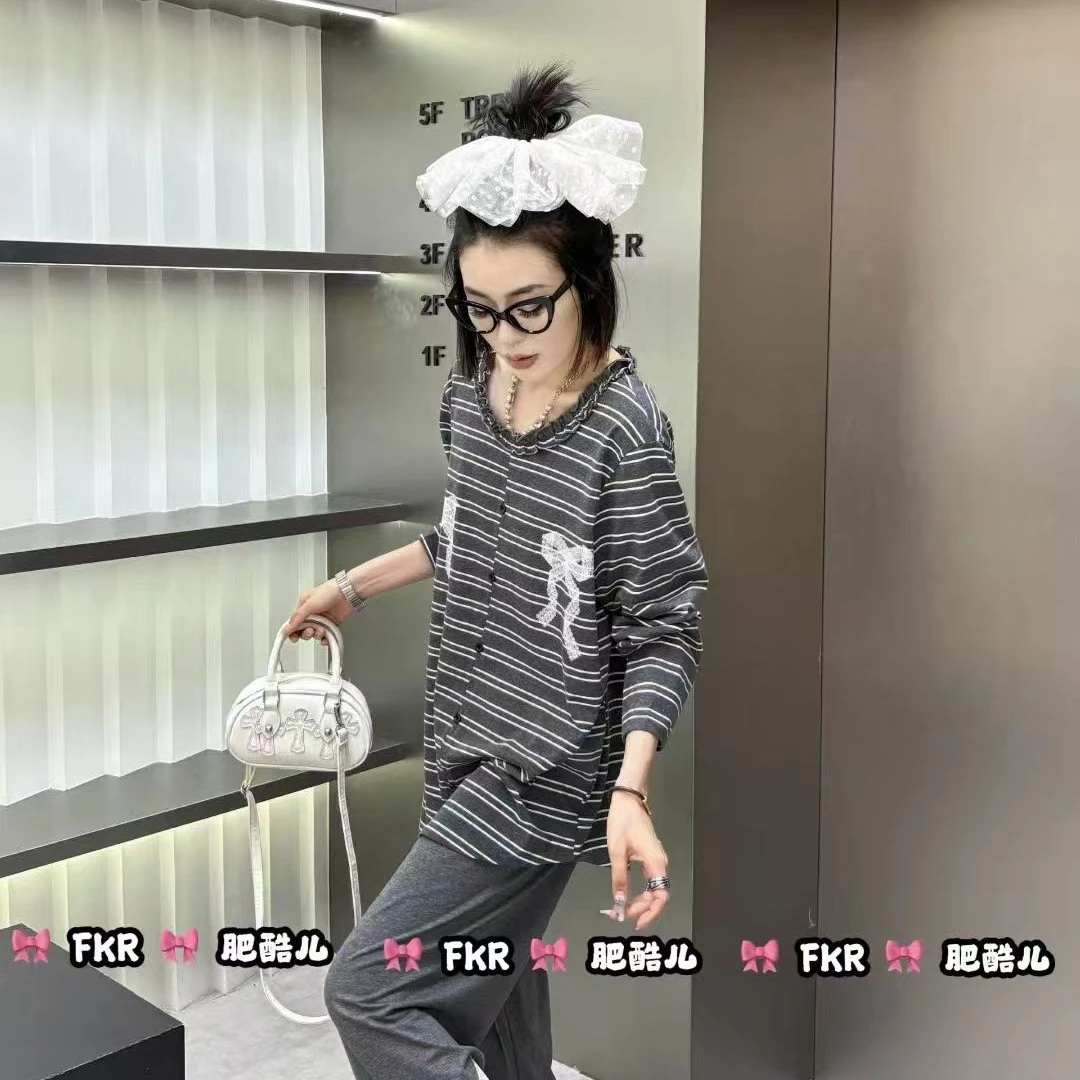 女士秋季长袖条纹蝴蝶结睡衣可外穿休闲家居服25160