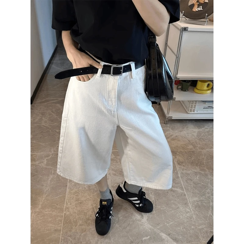 大码白色韩版高腰直筒七分牛仔裤女夏季新款宽松休闲垂感阔腿裤潮