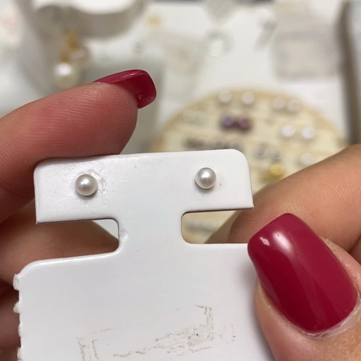 银S925镶嵌白珍珠耳钉3m+淡水珍珠