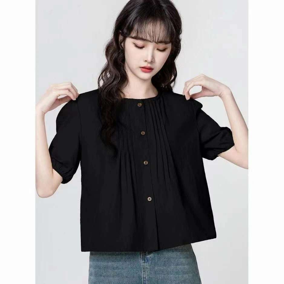【1184人好评】圆领泡泡衬衫2025夏季宽松新款显瘦设计衬衣短袖娃