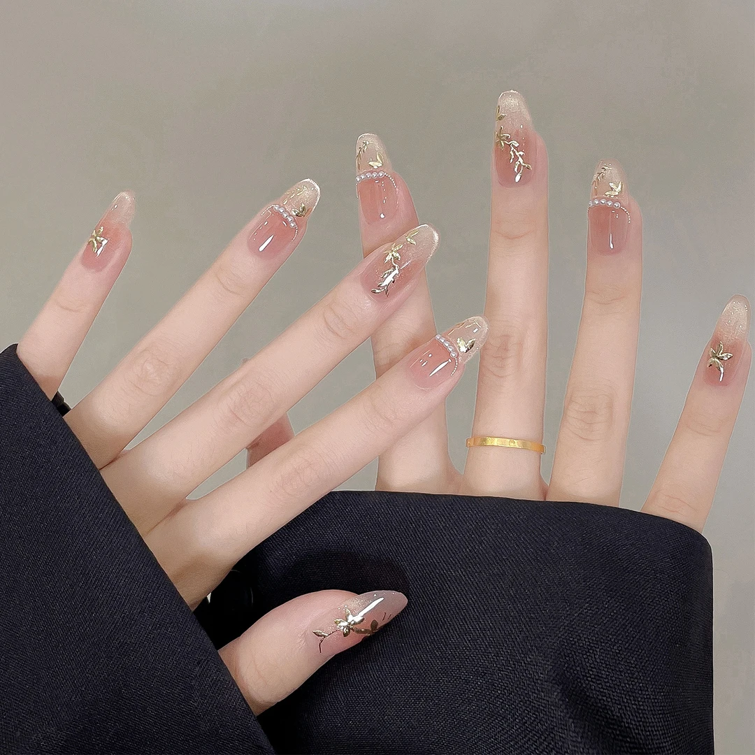 碎金竹叶 手工穿戴甲裸色猫眼中椭圆温柔高级显白日常通勤高级