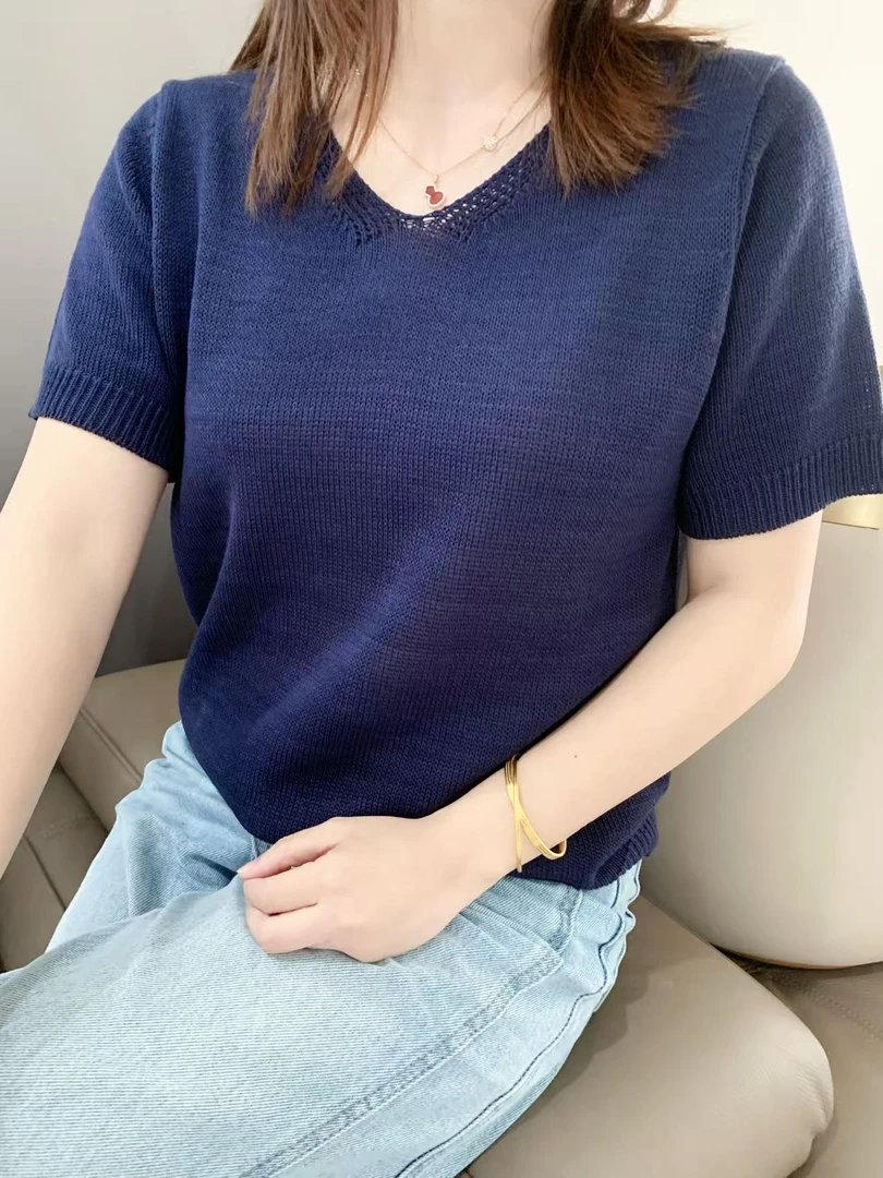 夏季v领针织打底衫女短袖纯色上衣气质减龄简约套头上衣毛衣2315