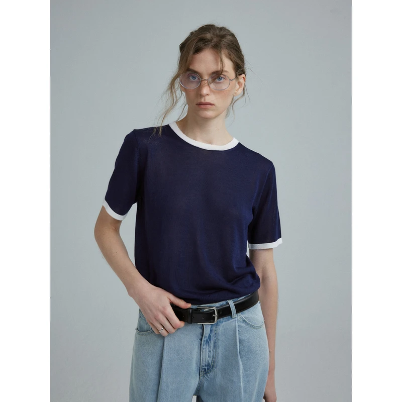 1747「100％高捻天丝莱赛尔」90S撞边复古 百搭纸片人针织衫