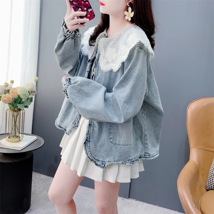韩系蕾丝花边拼接牛仔外套女春季2025新款甜美减龄娃娃领小个上衣