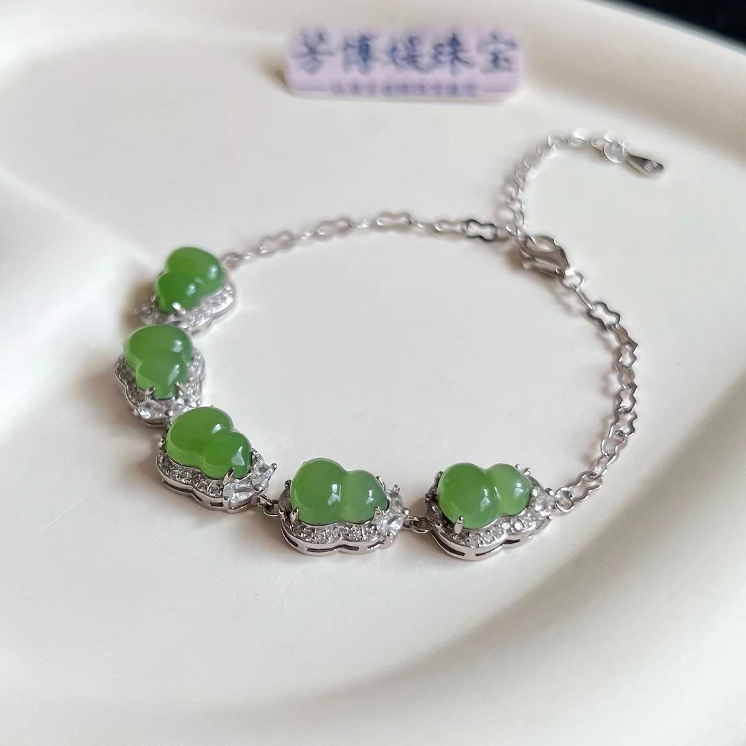 TS17天然和田玉碧玉乌兰海果绿银镶葫芦手链轻奢百搭多样性发其一