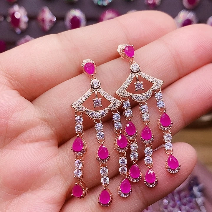 红宝石耳饰银S925镶嵌