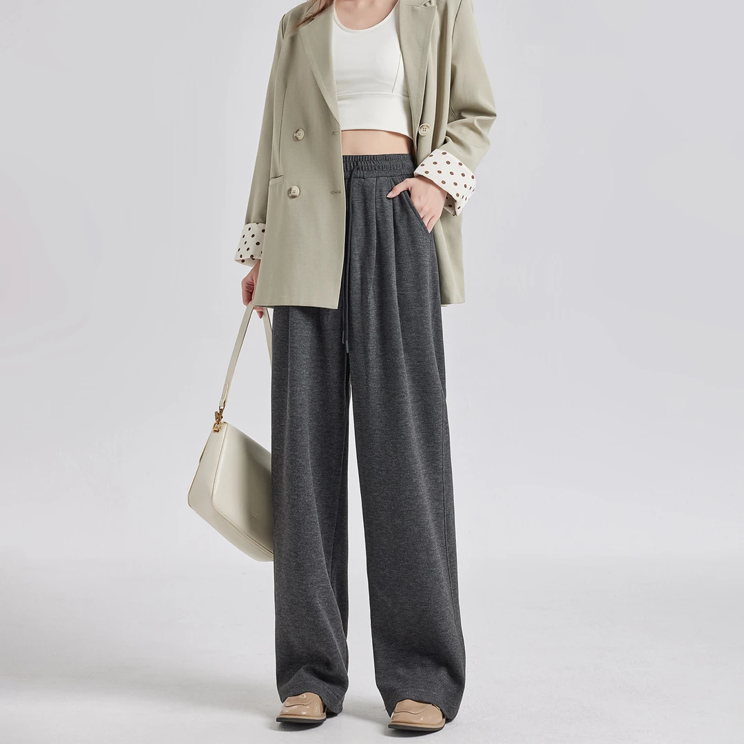 秋冬羊绒高腰直筒裤女2025新款垂感休闲糯米裤针织蚕丝休闲阔腿裤