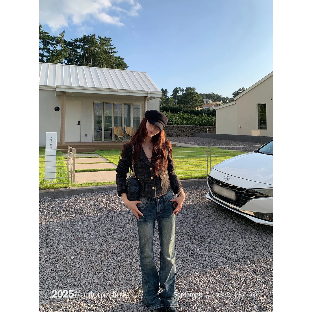 SUNONEONE 复古压褶修身低腰微喇牛仔裤女秋磨白休闲裤子H1150K