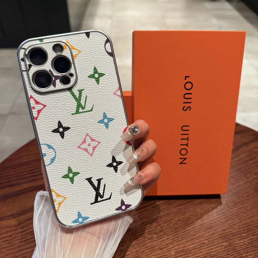 苹果16手机壳白三彩老花iPhone15promax创意新款13高级14皮纹适用