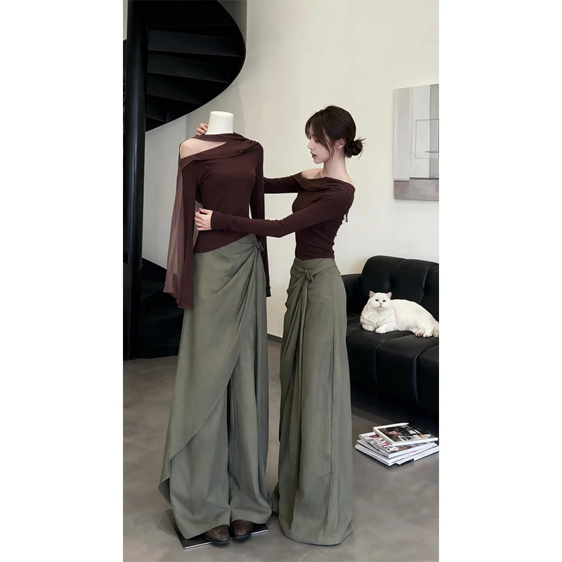 韩系秋冬季新款气质高级设计感斜肩长袖T恤上衣高腰显瘦阔腿裤女