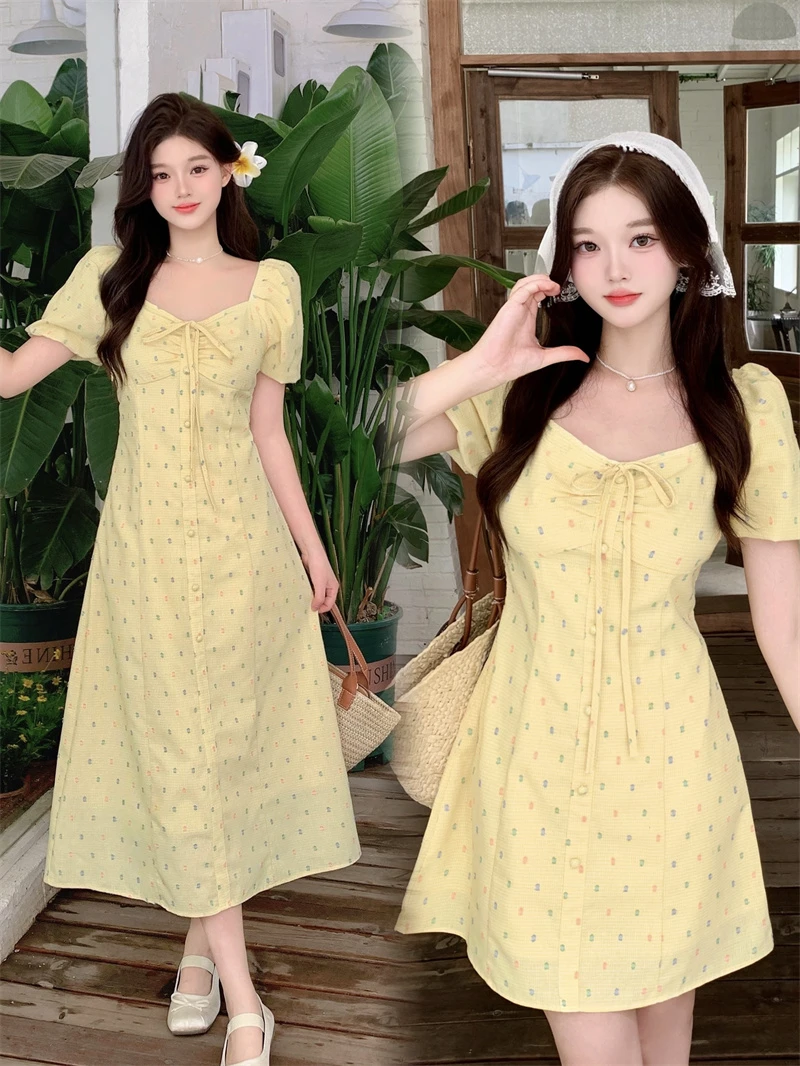 696 大码温柔风法式别致方领黄色显白长/短款显瘦连衣裙