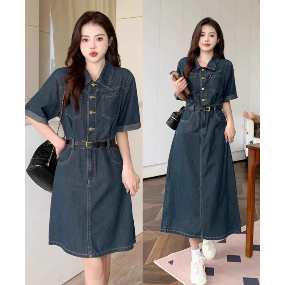 牛仔连衣裙女夏季2025新款法式小众a字皮带收腰衬衫裙polo领长裙