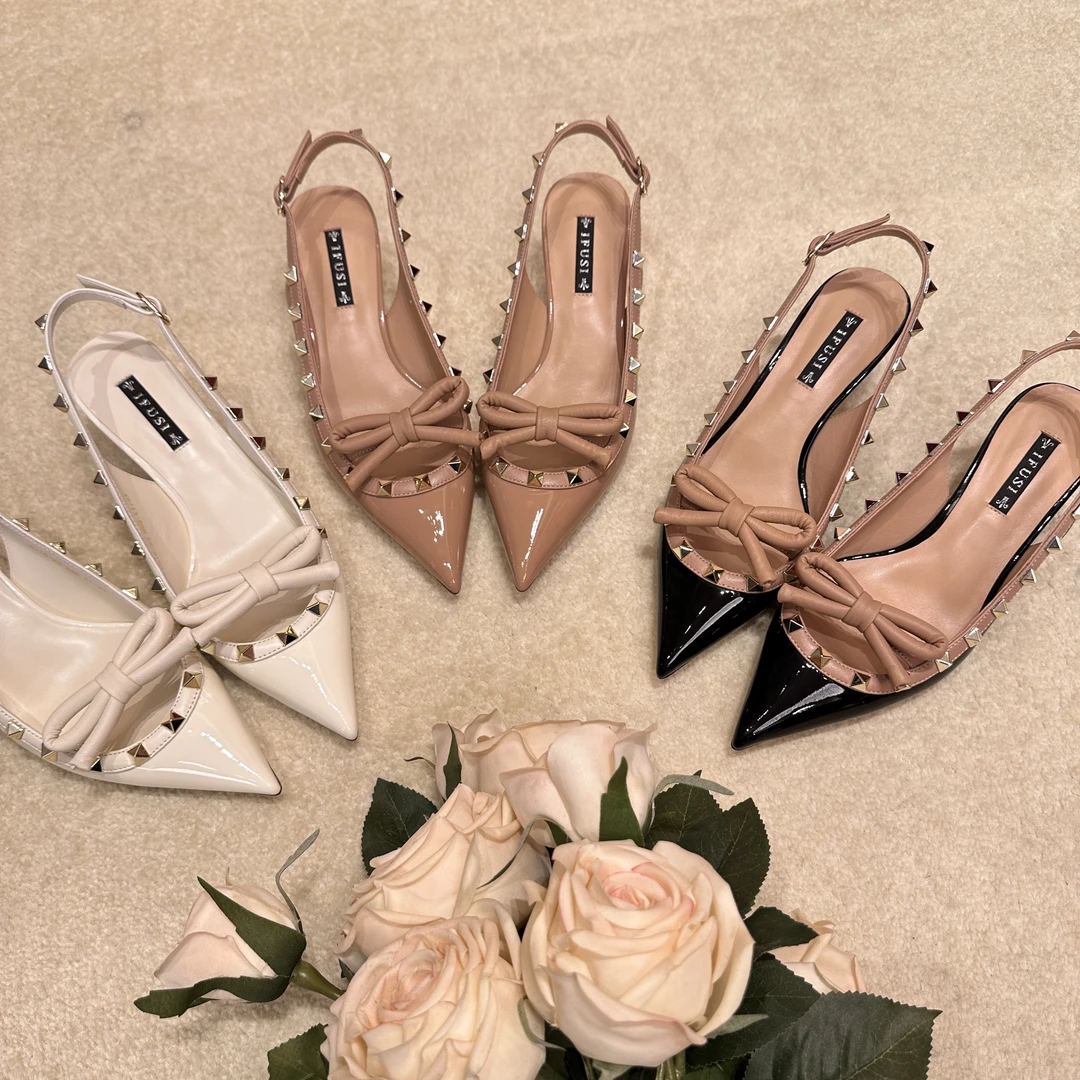 【IFUSI】蝴蝶结拼接轻奢真皮铆钉尖头凉鞋高跟鞋 2318-23