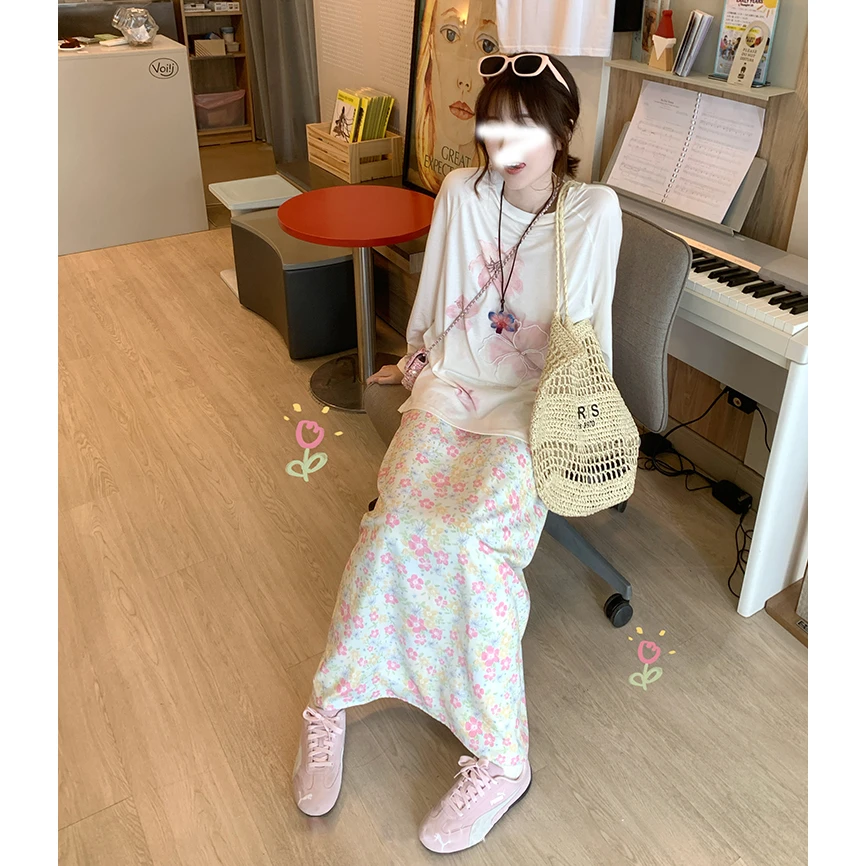 【雾里花园】设计感印花长袖T恤女宽松百搭微透上衣女碎花a字裙套装