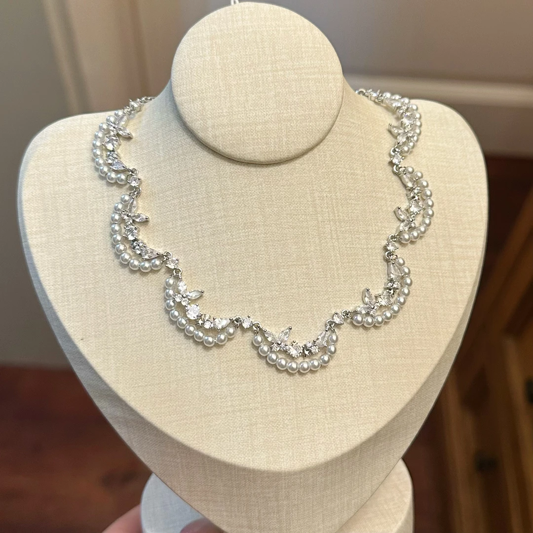 铜合金合成锆石项链 X0021 时尚蕾丝波浪纹气质优雅浪漫法式项链