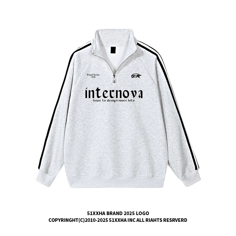 51嘻哈美式复古三条杠半拉链套头卫衣男女潮牌运动风宽松上衣外套