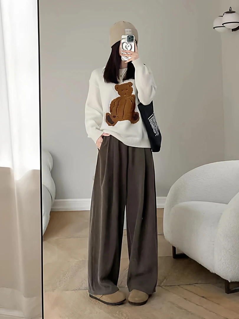 泡芙岛咖色灯芯绒新款加绒加厚女裤宽松阔腿裤休闲运动休闲裤百搭
