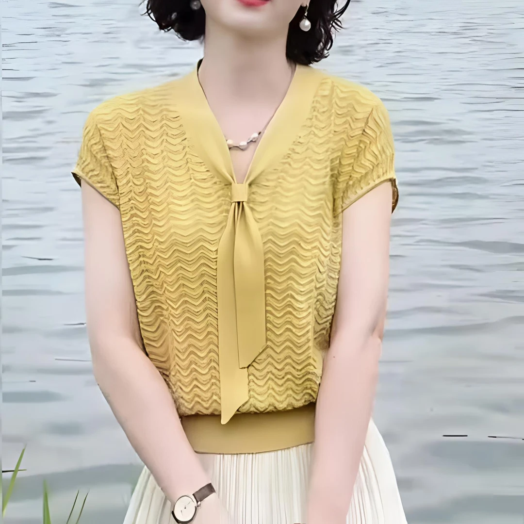 2025夏季新款薄款飘带V领冰丝针织衫女短袖宽松显瘦短款上衣气质