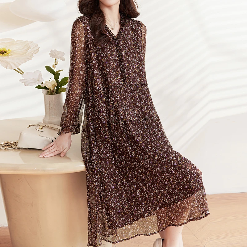 E5295印花真丝连衣裙碎花通勤长袖桑蚕丝裙子女秋季