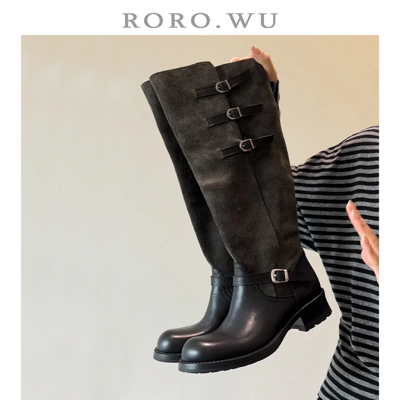 娆娆吴·牛皮圆头堆堆靴显瘦皮带扣秋冬新款粗跟长筒骑士靴女Z22