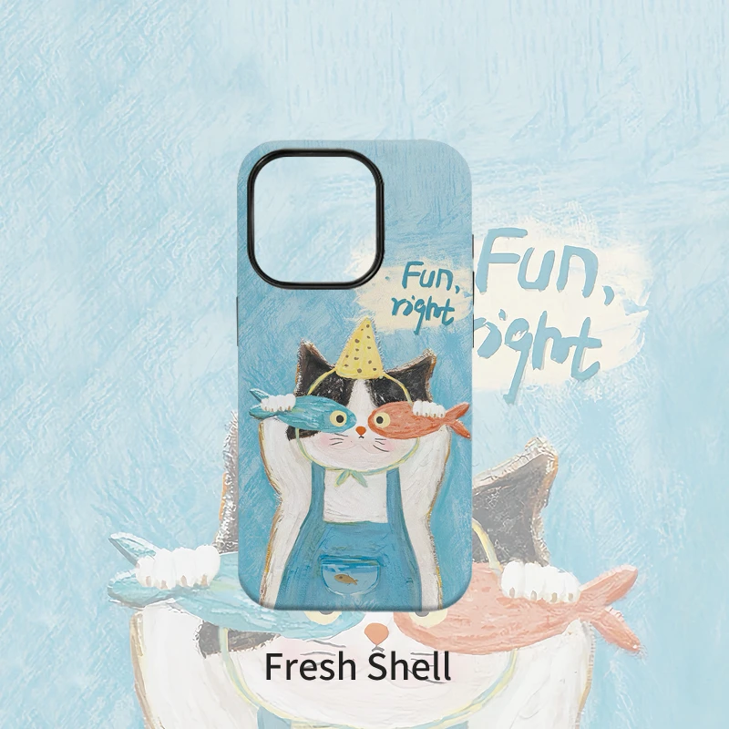 小鱼干猫咪菲林二合一适用于苹果VIVO华为OPPO防摔卡通手机壳