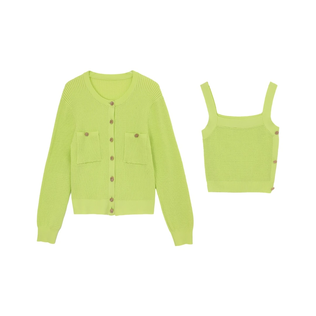 【韩风姐姐荧光绿开衫套装】麻感纯欲针织开衫+吊带背心W23CF6049