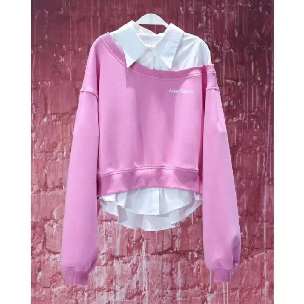 2025春季新款拼接撞色假两件粉色卫衣女宽松百搭