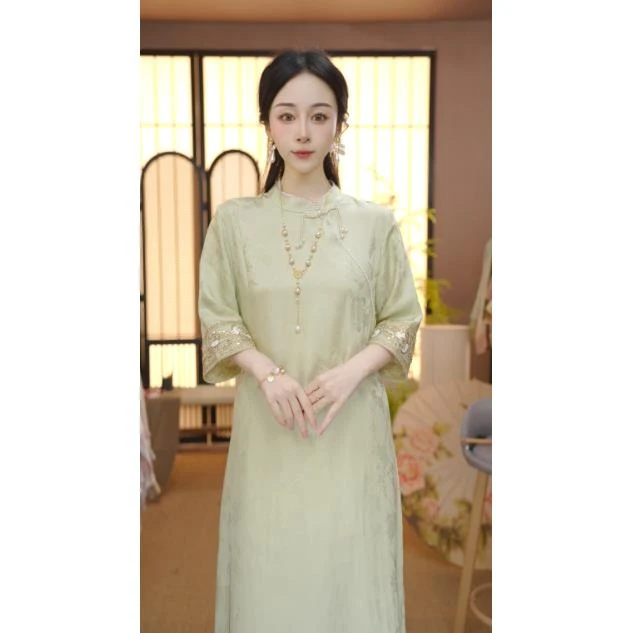 2025中式穿珠连衣裙改良斜襟春夏季女装宽松连衣裙FB2503061