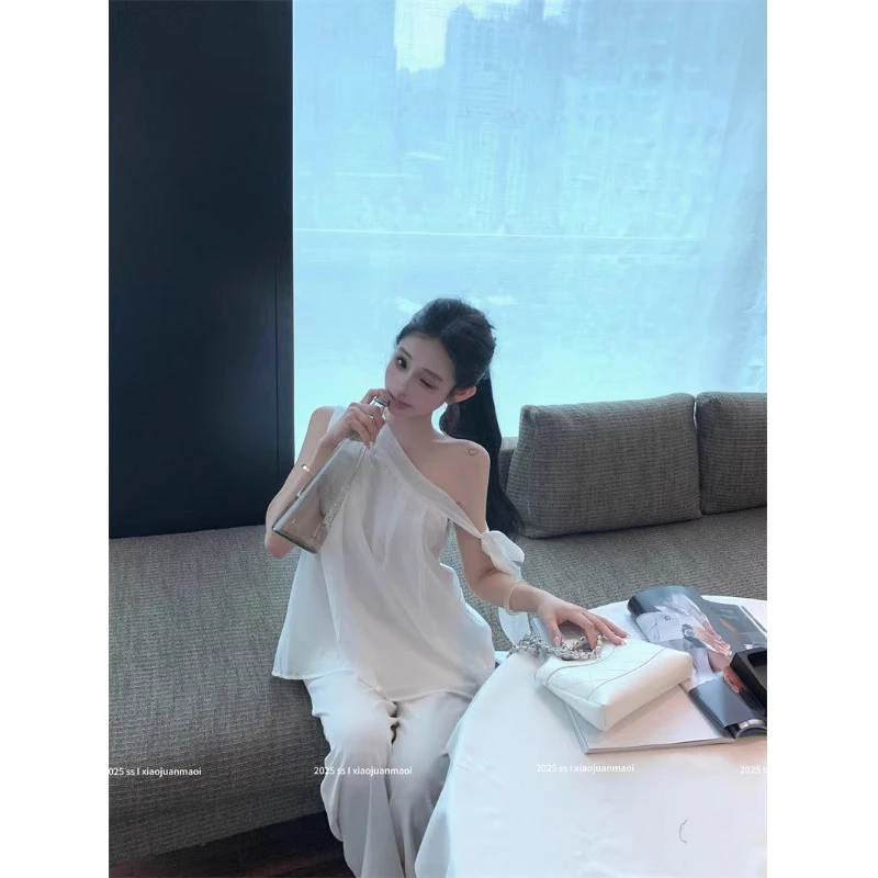 温婉大方衣服松弛感绑带斜肩无袖上衣女高腰阔腿拖地休闲裤两件套