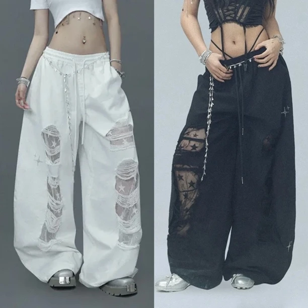 XY-25831款夏季薄款蕾丝贴布破洞水洗棉牛仔裤黑白两色