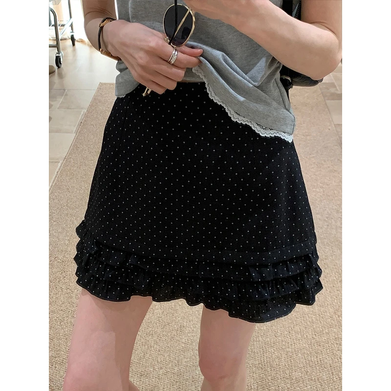 2025夏季新款通勤设计感层次感花边波点短裙女高腰显瘦A字半身裙