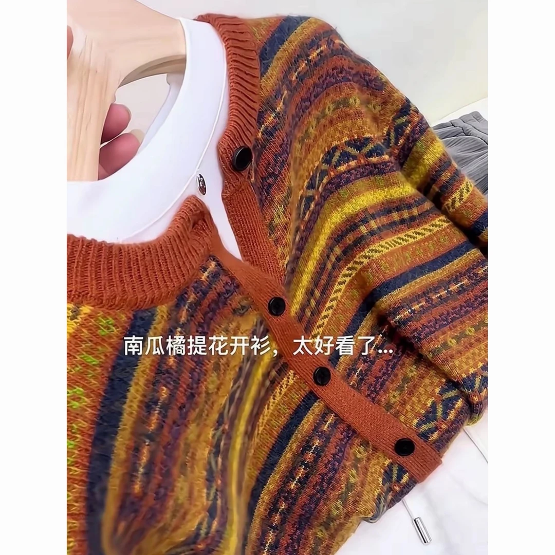 南瓜橘民族风」巨好看！加厚冬季外套宽松针织毛衣女显白洋气