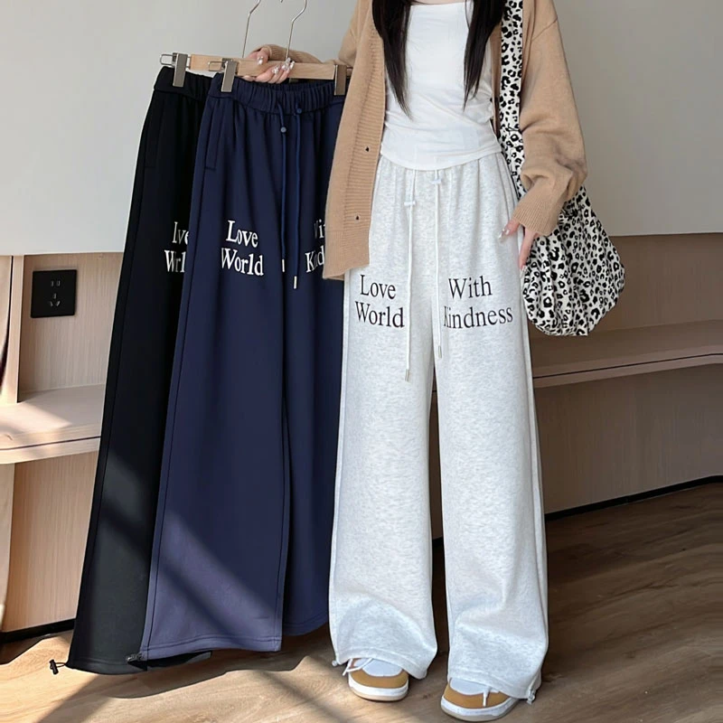 美式复古浅灰色休闲裤女秋季字母印花拉美直筒阔腿裤宽松显瘦长裤