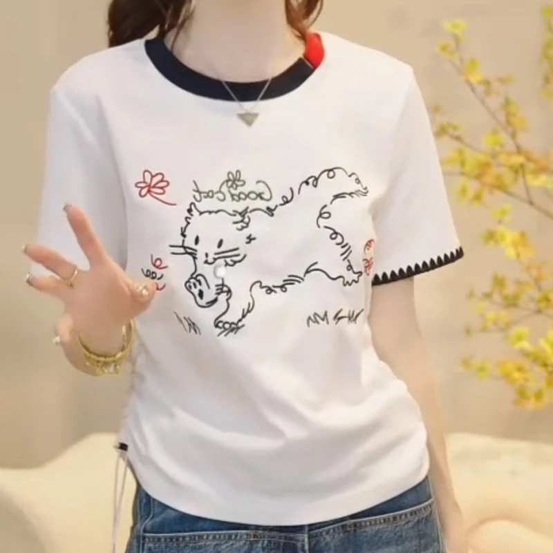 夏季设计师高定拼色刺绣轻奢百搭T恤上衣女LK2503697