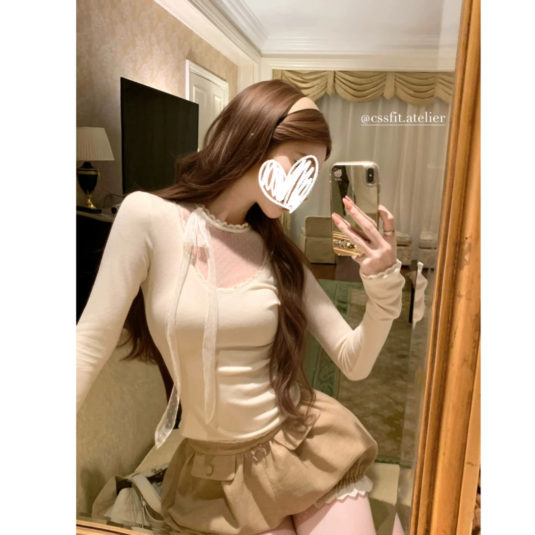 特调马天尼  波点系带长袖打底衫磨毛感洋气纯欲T恤上衣1977#