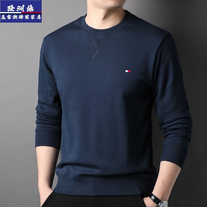 Tommy汤米秋季100%纯棉卫衣长袖男士时尚休闲纯色刺绣圆领上衣潮